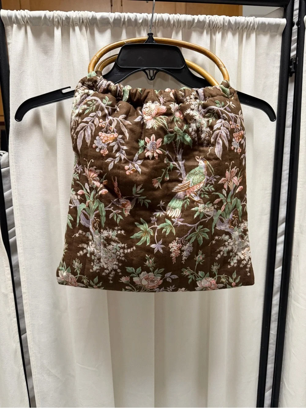 Floral Embroidered Brown Hobo Bag with Bamboo Handles